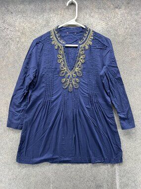 Lili Pulitzer Tunic Blouse Womens Medium Blue Boho Embroidered Beaded V Neck 3/4